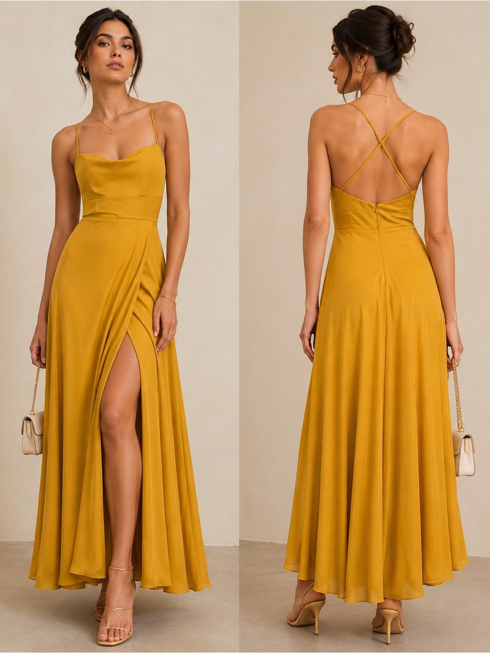 Lulus Mustard Yellow Backless High Slit Maxi Dress XS